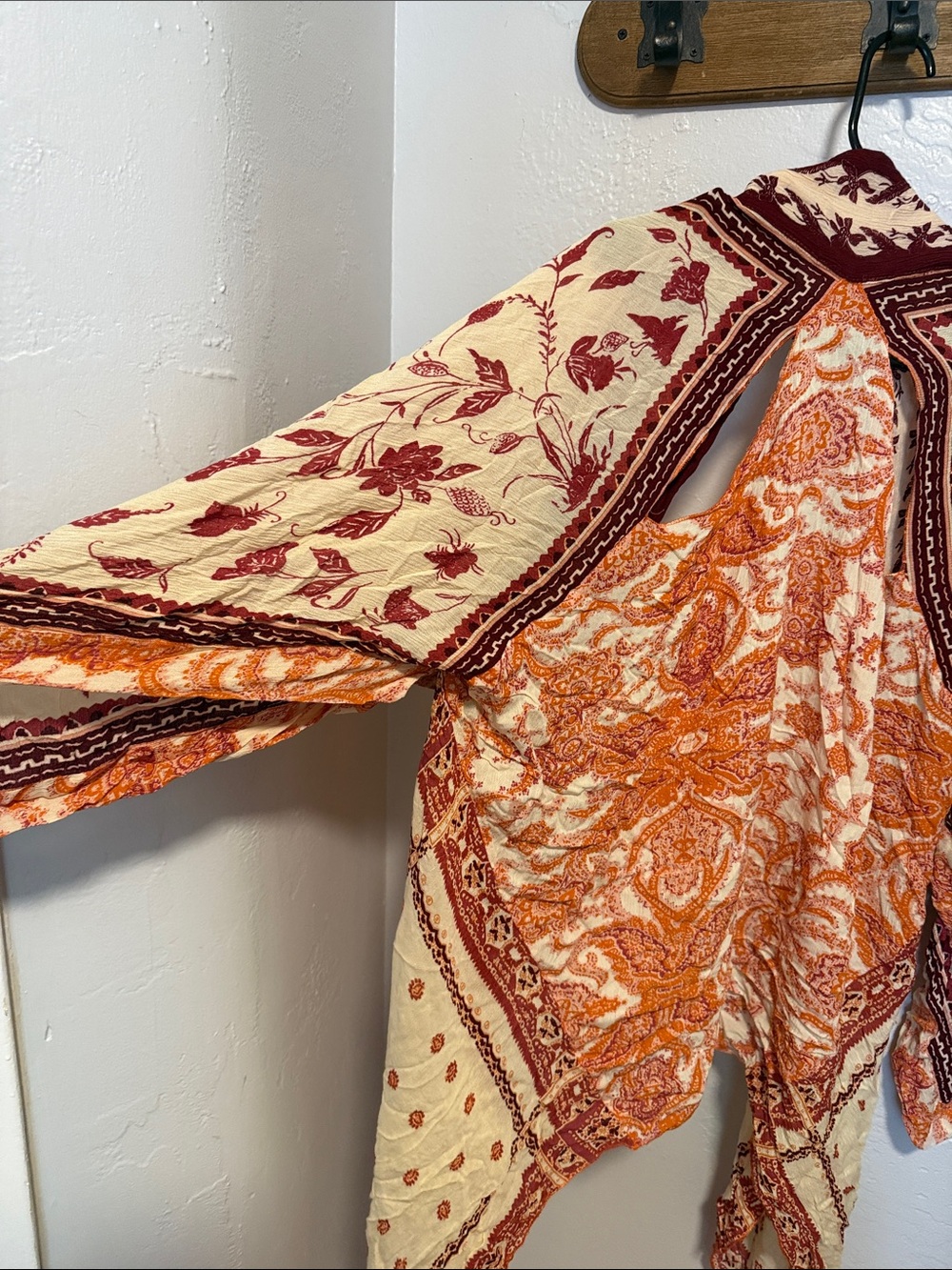 Free People Cream, Burgundy & Orange Boho Open-Front Kimono - Picture 4 of 7